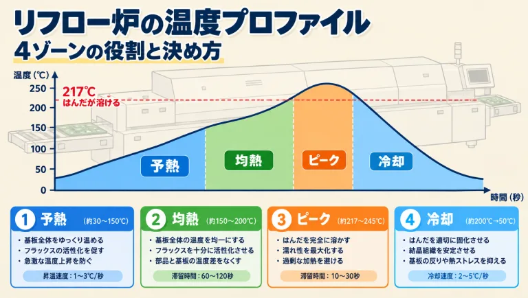 リフロー炉の温度プロファイル｜4ゾーンの役割と決め方
