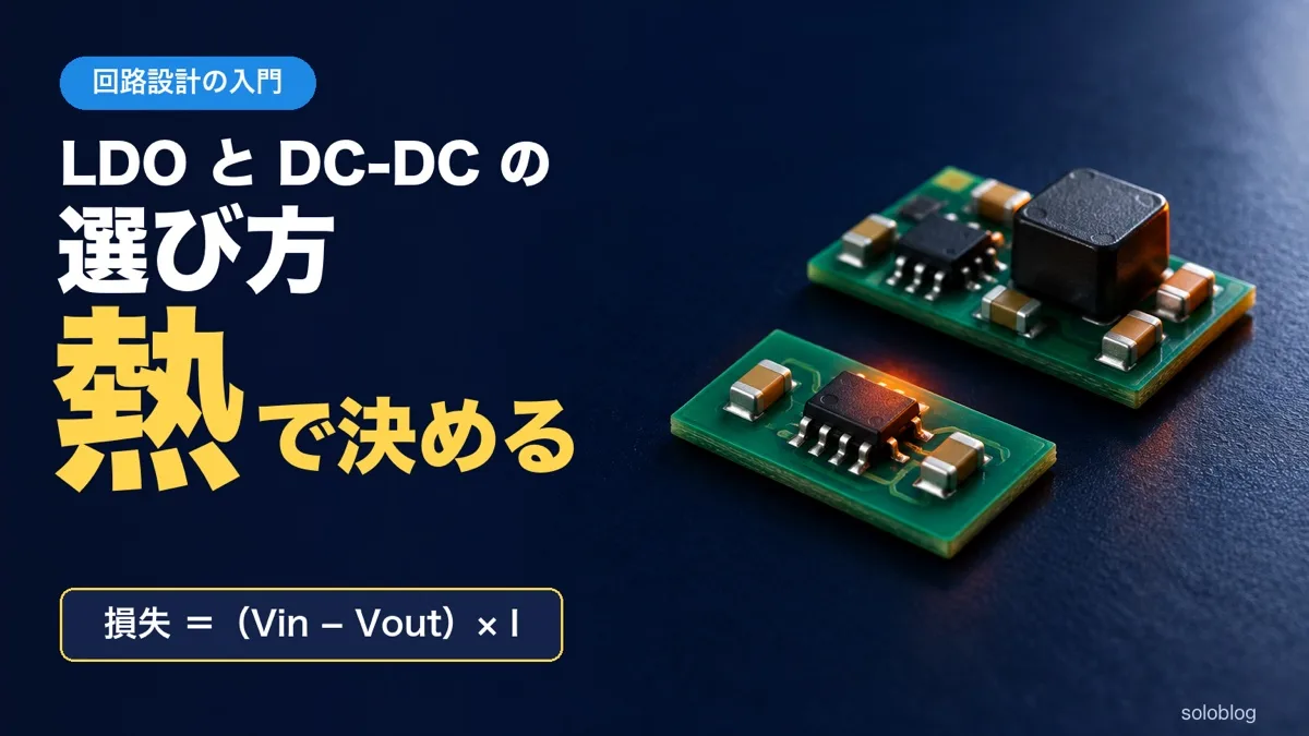 基板にのった小さなLDOと、コイルのついたDC-DCの写真に、LDOとDC-DCの選び方・熱で決める・損失＝（Vin−Vout）×Iの文字