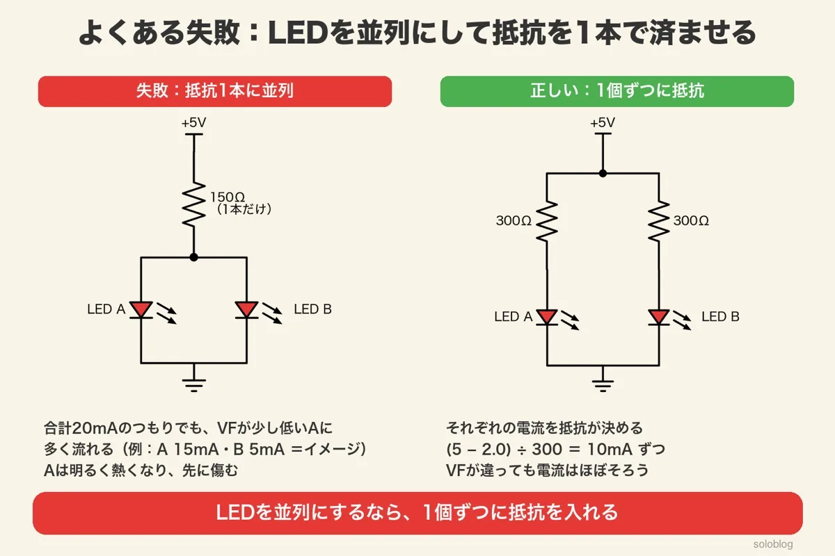 失敗例は+5Vから150Ω1本の先にLED AとBを並列にした回路で、VFの低いAに電流が集まる（例A15mA・B5mAのイメージ）。正しい例はLEDごとに300Ωを入れた回路で、それぞれ10mAずつ