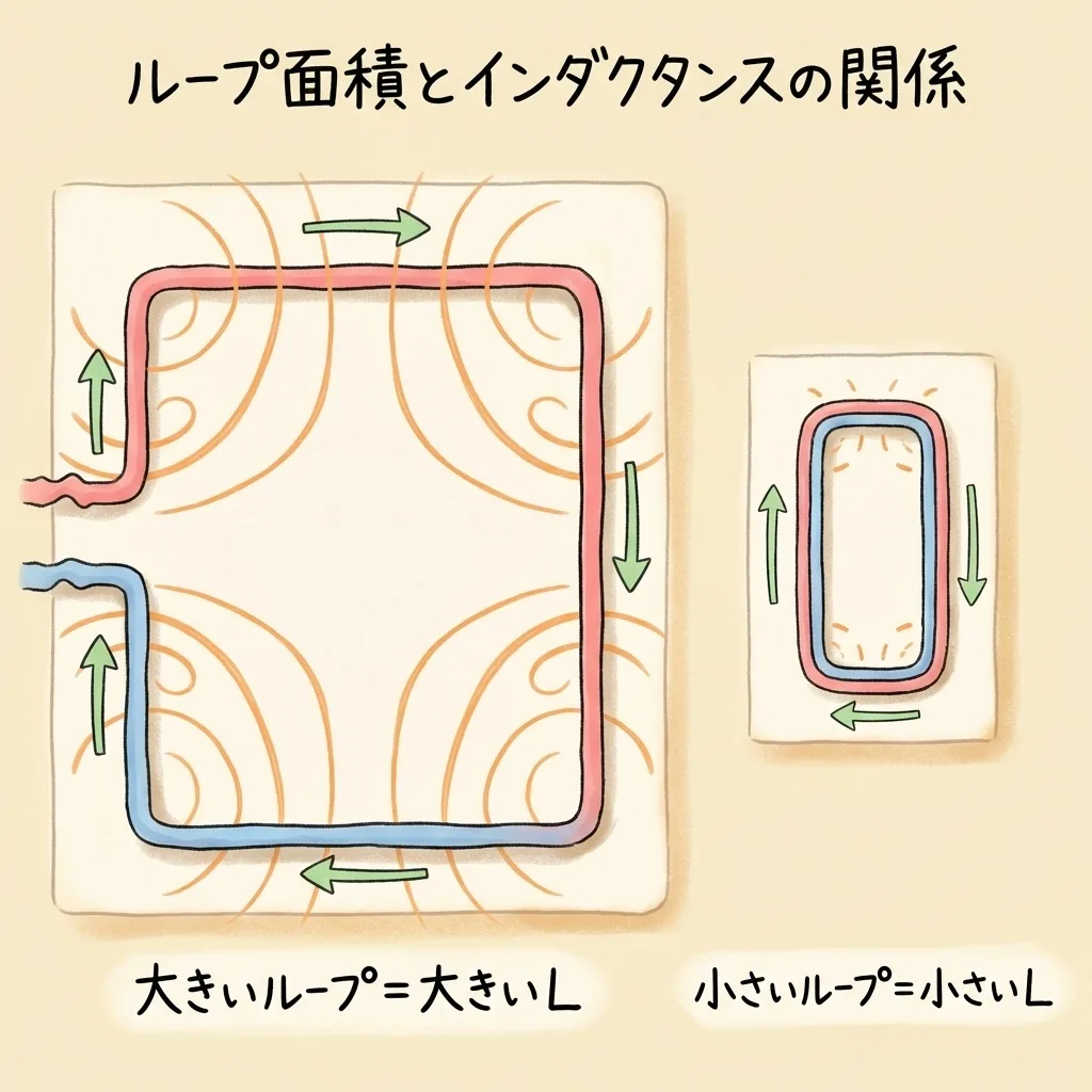 ループ面積とインダクタンスの関係。往復の配線が囲む面積が大きいとLが大きく、小さいとLが小さい
