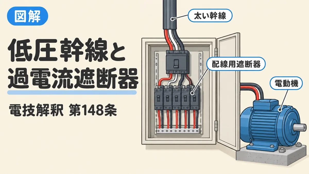 低圧幹線と過電流遮断器を表すアイキャッチ。太いケーブルが入る分電盤の配線用遮断器と電動機