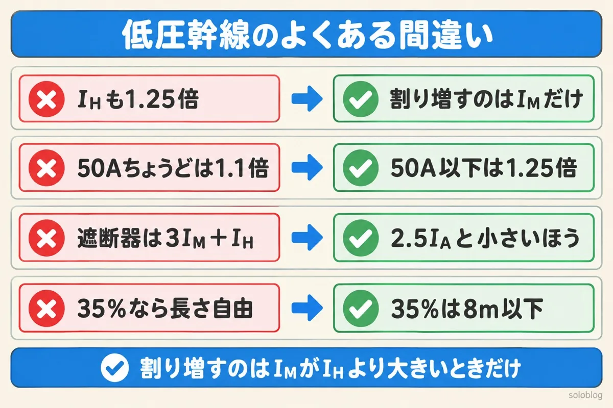 低圧幹線のよくある間違いの図。割り増すのは電動機等の合計I_Mだけ、50Aちょうどは1.25倍、遮断器は2.5I_Aと比べて小さいほう、35%は8m以下のとき