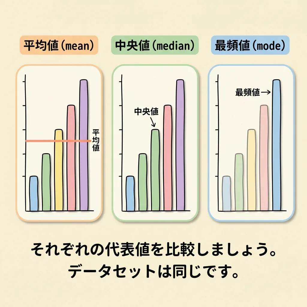 平均値・中央値・最頻値を同じデータの棒グラフで比べた図