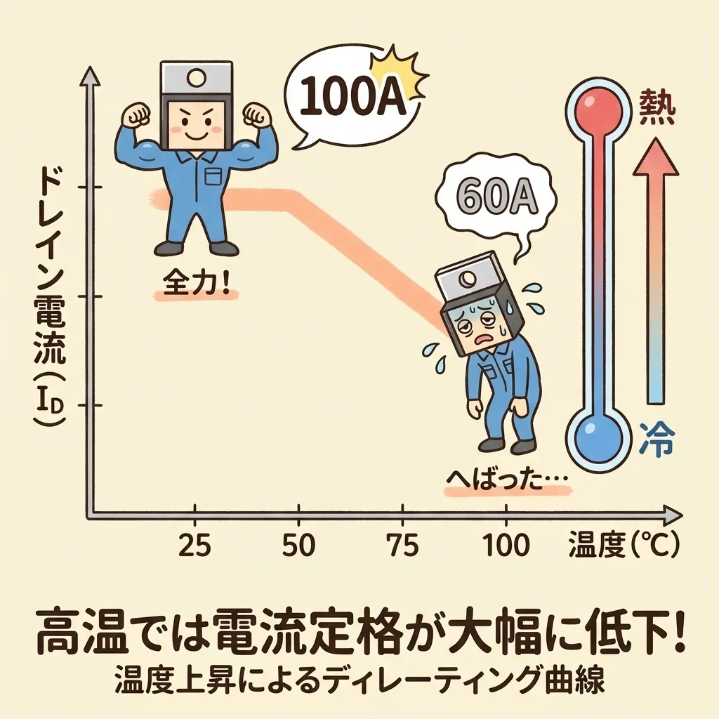 MOSFETのドレイン電流の温度によるディレーティング曲線。高温では電流定格が大きく下がる