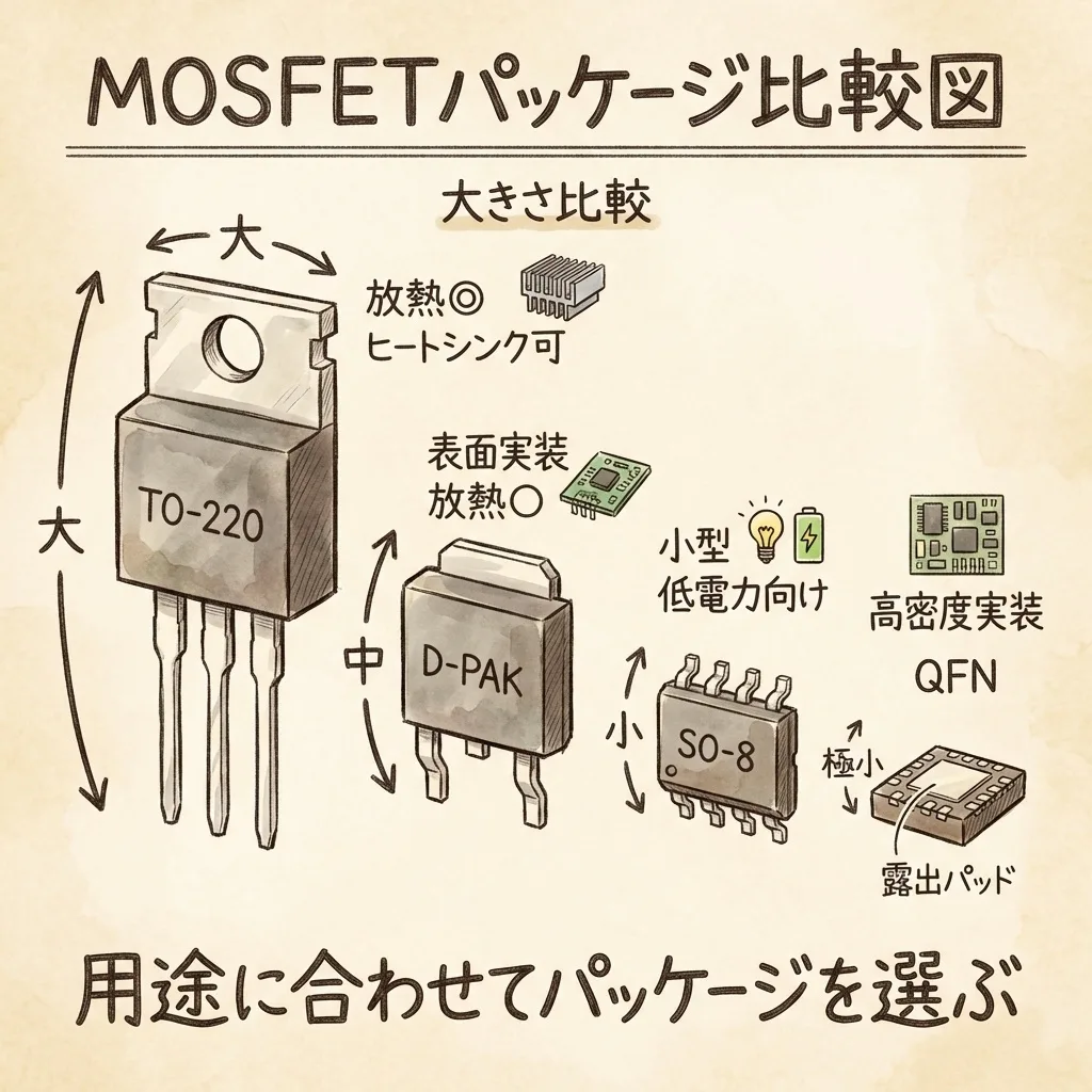 MOSFETのパッケージの比較。TO-220・D-PAK・SO-8・QFN の大きさと放熱・実装の違い