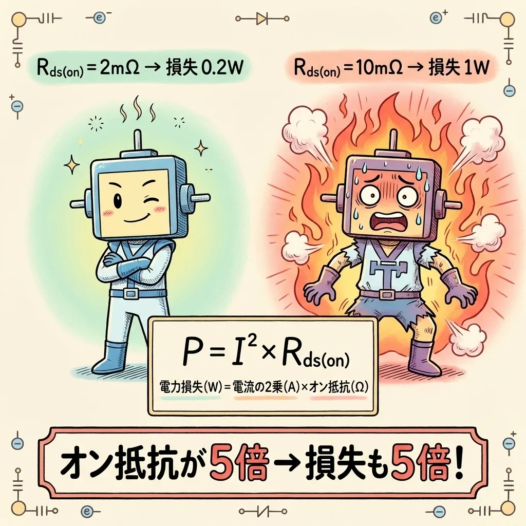オン抵抗 Rds(on) と損失 P=I²×Rds(on)。オン抵抗が2mΩから10mΩの5倍になると損失も0.2Wから1Wの5倍になる