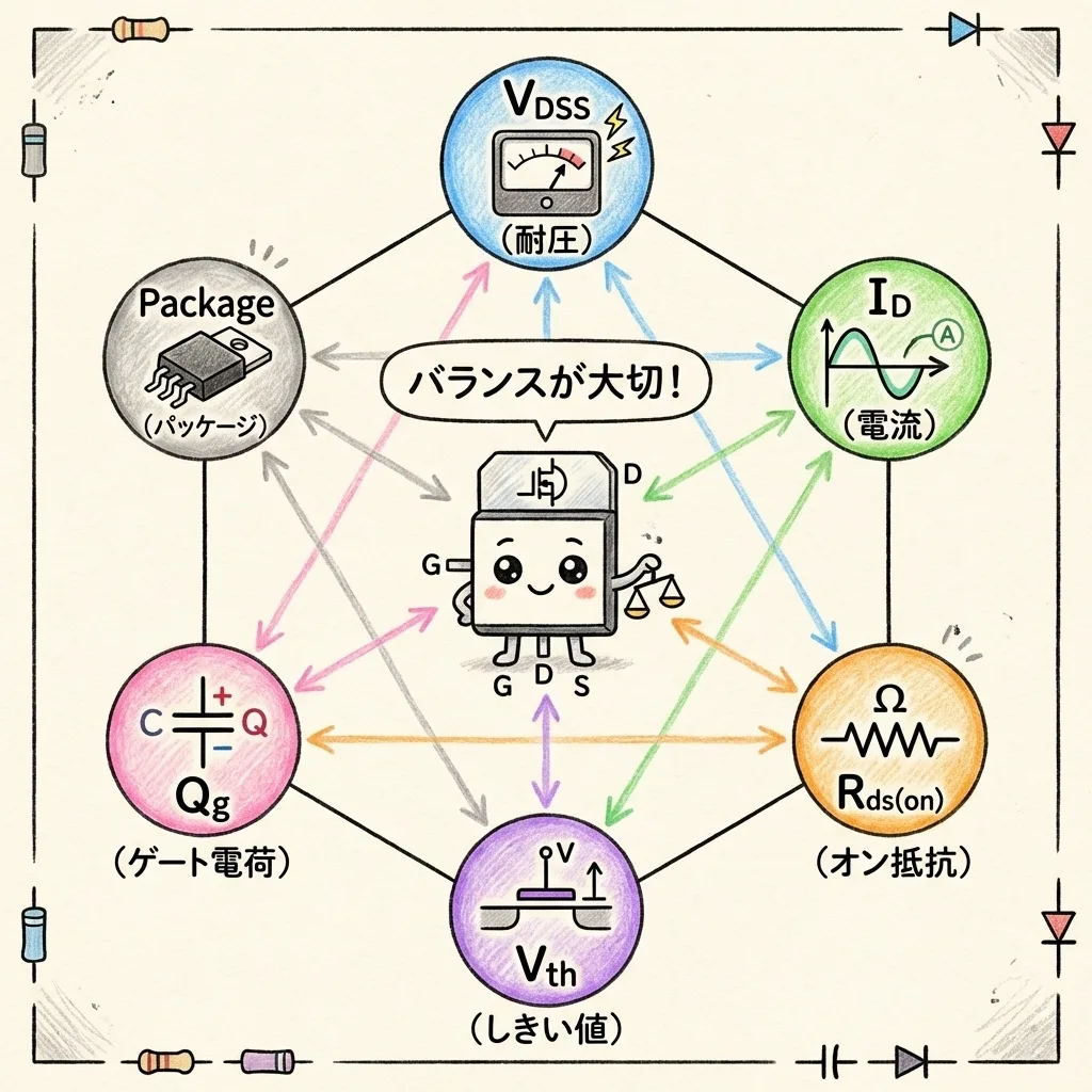 パワーMOSFETの選び方の6項目。耐圧 VDSS・電流 ID・オン抵抗 Rds(on)・しきい値 Vth・ゲート電荷 Qg・パッケージのバランス
