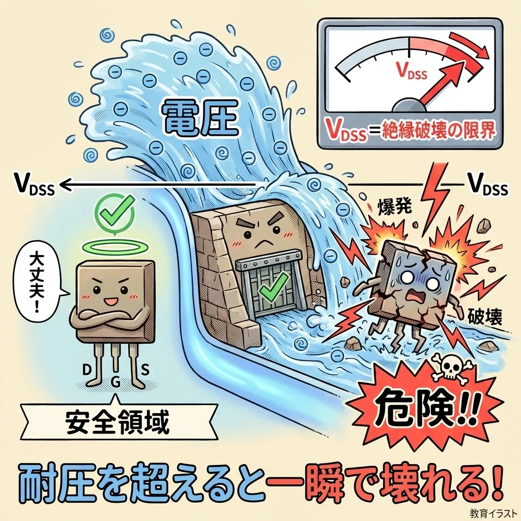 MOSFETの耐圧 VDSS のイメージ。電圧が VDSS を超えると絶縁が壊れて一瞬で壊れる