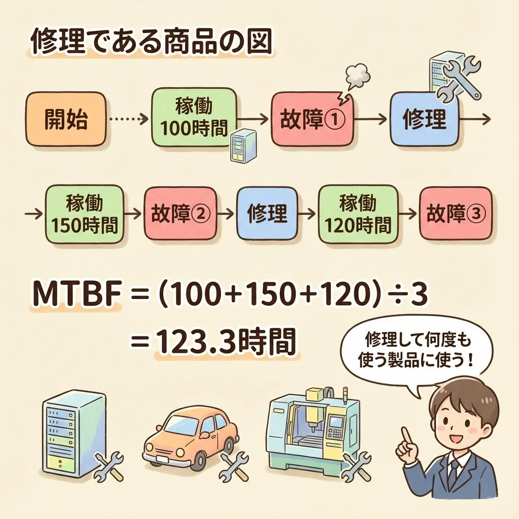 MTBF(平均故障間隔)の計算例。修理して使う製品で、稼働100時間・150時間・120時間の平均から MTBF=123.3時間