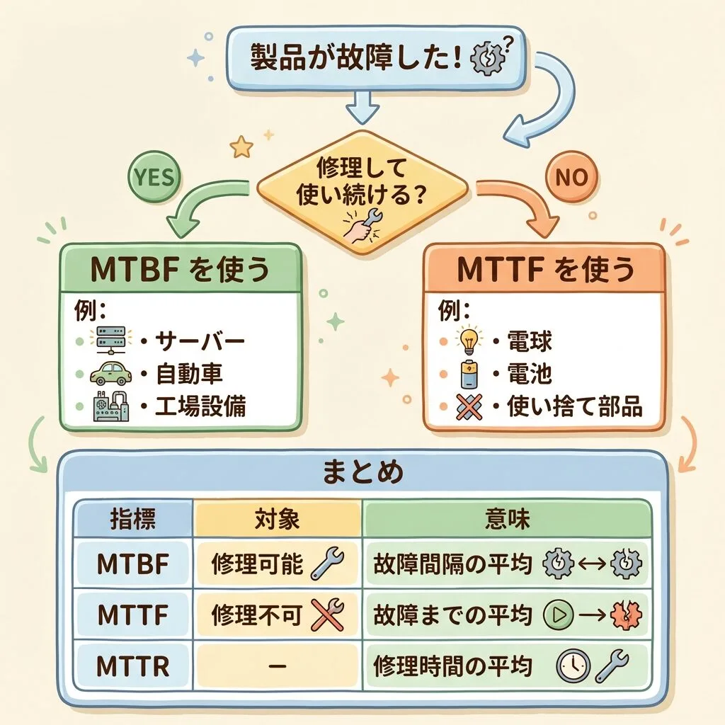 MTBF・MTTF・MTTRの使い分け。修理して使い続ける製品はMTBF、使い捨てはMTTF、MTTRは修理時間の平均