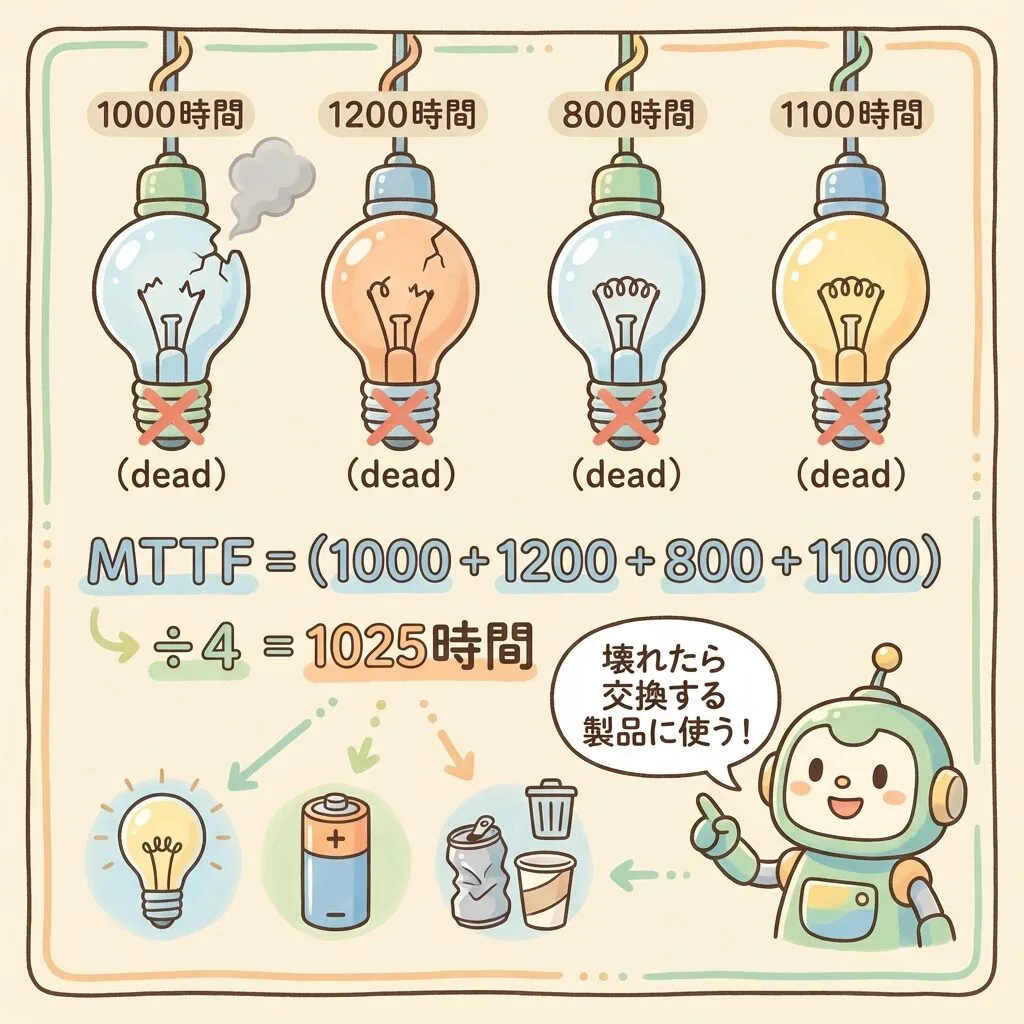 MTTF(平均故障寿命)の計算例。電球4個が1000・1200・800・1100時間で壊れ、MTTF=1025時間。壊れたら交換する製品に使う
