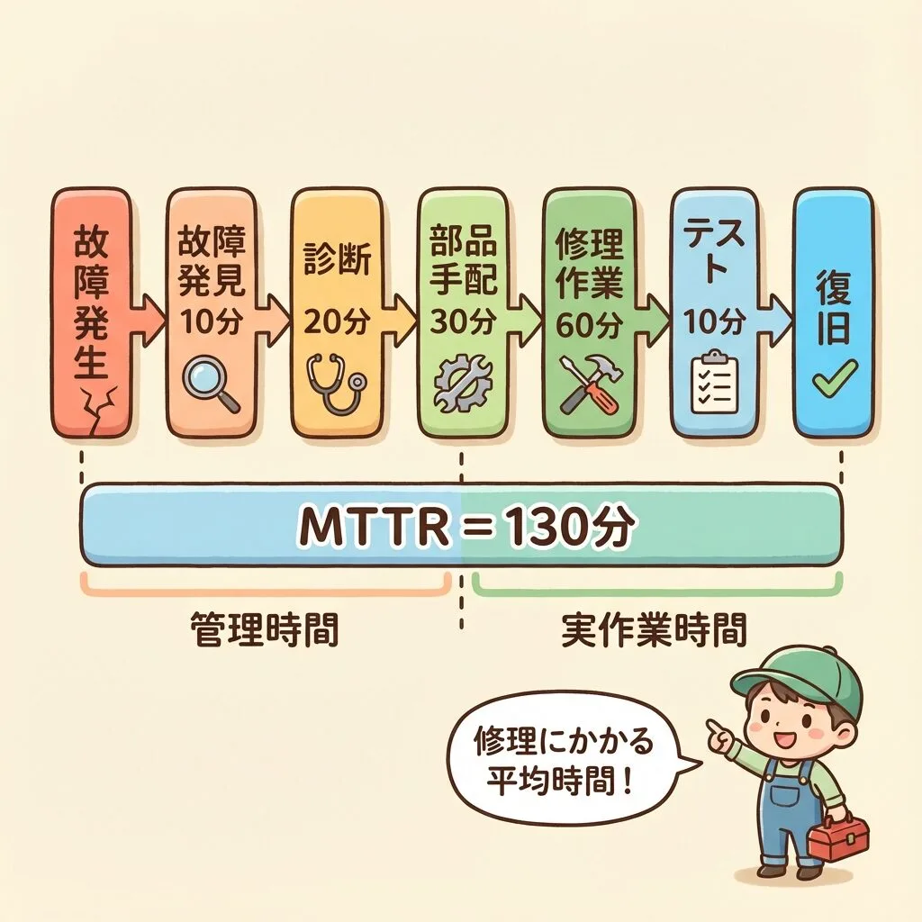 MTTR(平均修復時間)の例。故障発見10分・診断20分・部品手配30分・修理作業60分・テスト10分で MTTR=130分