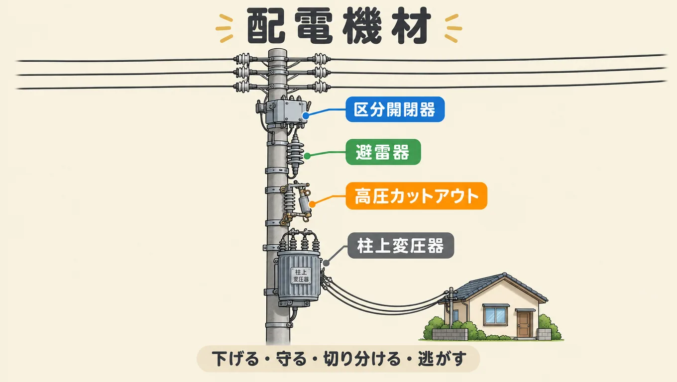 配電機材とは何か。柱上変圧器・高圧カットアウト・区分開閉器の役割