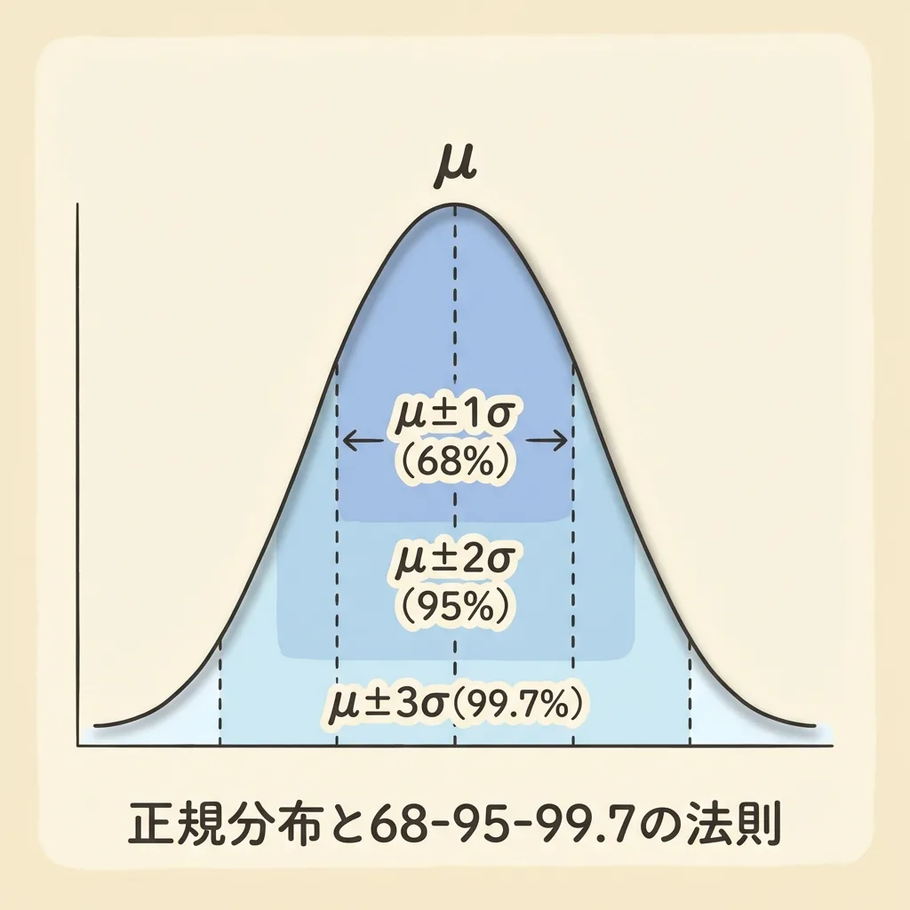 正規分布と68-95-99.7の法則。μ±1σに68%、μ±2σに95%、μ±3σに99.7%が入る