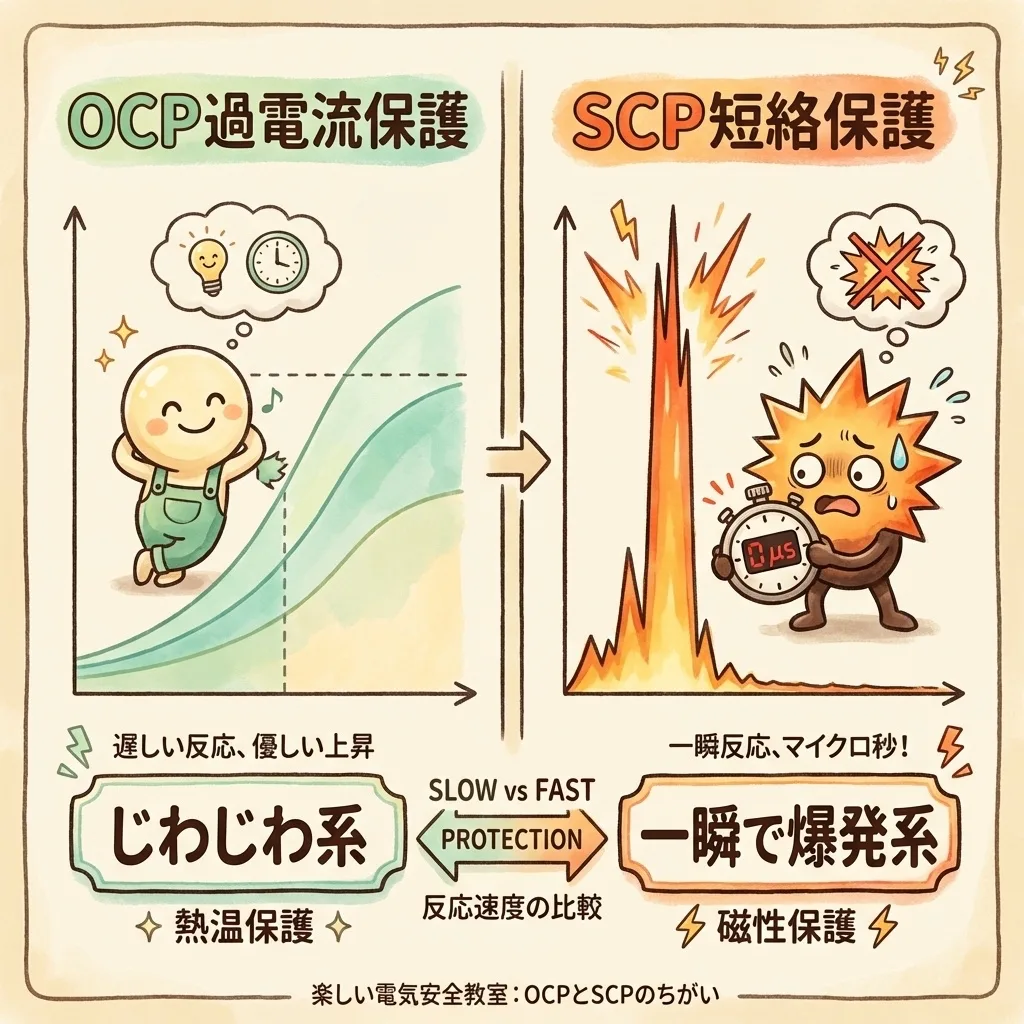 過電流保護(OCP)と短絡保護(SCP)の違い。OCPはじわじわ上がる電流に遅めに反応し、SCPは一瞬で跳ね上がる短絡電流にマイクロ秒で反応する