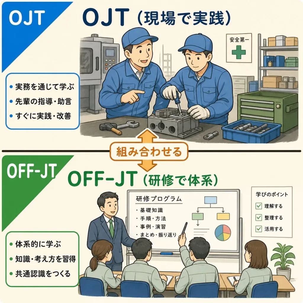 OJTとOFF-JTの違い。OJTは現場で先輩の指導を受けて実践し、OFF-JTは研修で体系的に学ぶ。2つを組み合わせる