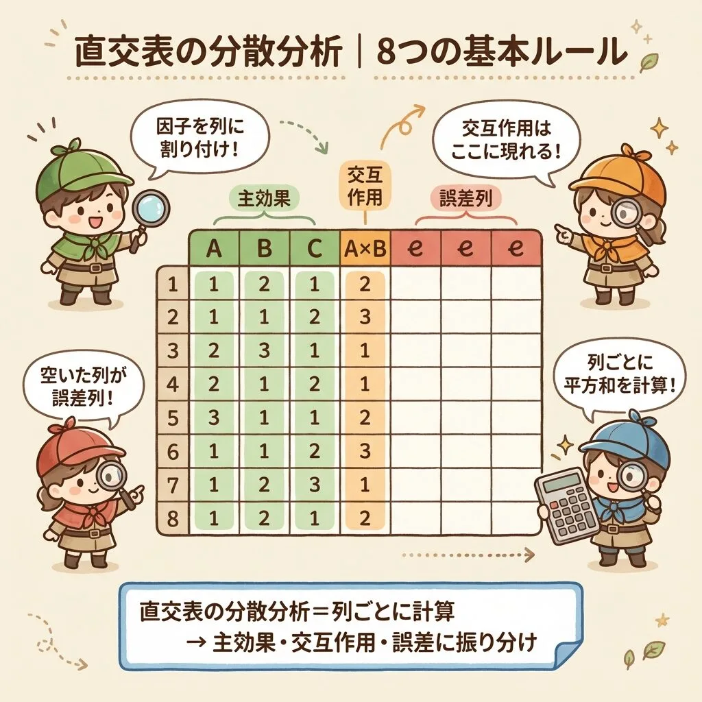 直交表の分散分析の考え方。因子を列に割り付け、列ごとに平方和を計算して主効果・交互作用・誤差に振り分ける