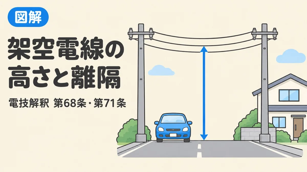 架空電線の高さと離隔距離を表すアイキャッチ。道路の上を横切る架空電線と、そばの家