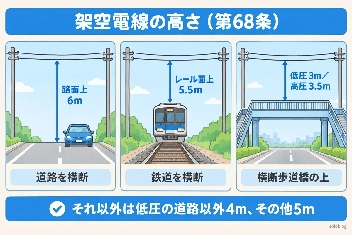 架空電線の高さの図。道路を横断するときは路面上6m、鉄道を横断するときはレール面上5.5m、横断歩道橋の上は低圧3m・高圧3.5m