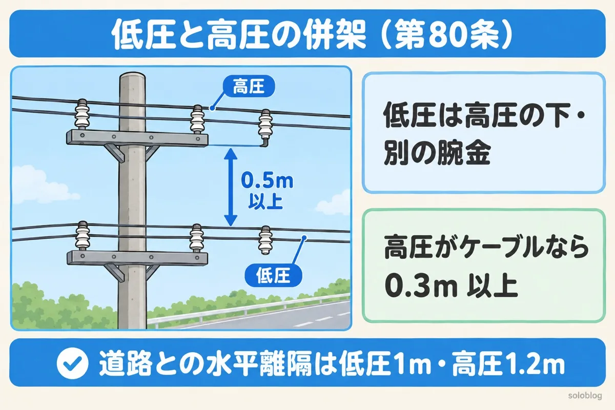 低圧と高圧の併架の図。同じ電柱で低圧架空電線を高圧架空電線の下の別の腕金に施設し、離隔距離を0.5m以上にする。高圧がケーブルなら0.3m以上