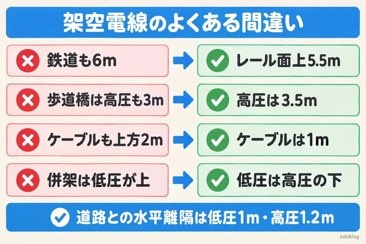 架空電線のよくある間違いの図。鉄道はレール面上5.5m、横断歩道橋の上の高圧は3.5m、ケーブルは上方1m、併架では低圧を高圧の下に施設する