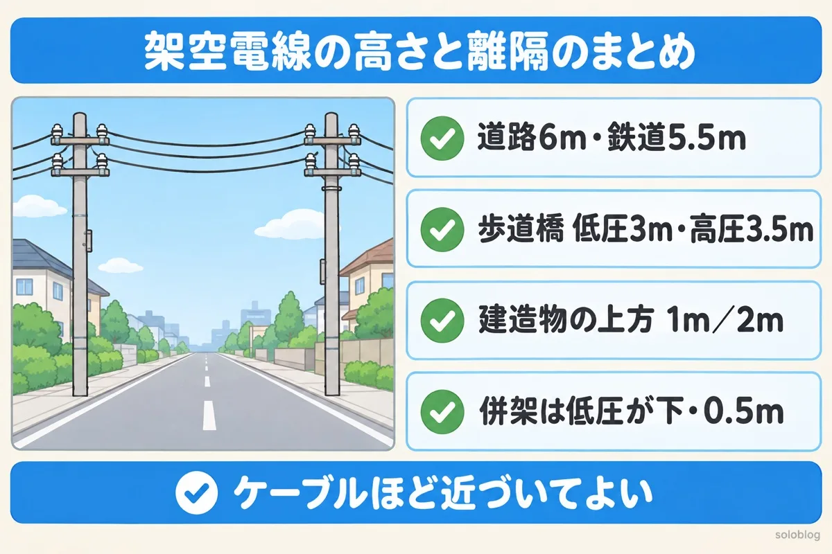 架空電線の高さと離隔のまとめの図。道路6m・鉄道5.5m、横断歩道橋の上は低圧3m・高圧3.5m、建造物の上方はケーブル1m・その他2m、併架は低圧を下に0.5m