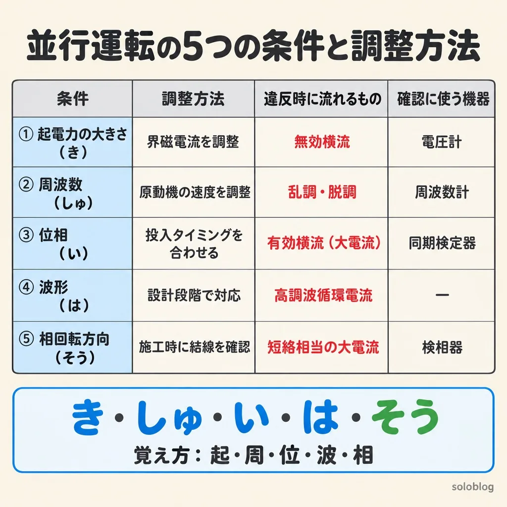 同期発電機の並行運転の5つの条件の表。起電力の大きさは界磁電流で調整し違反すると無効横流、周波数は原動機の速度で調整し乱調・脱調、位相は投入タイミングを合わせ有効横流、波形は設計段階で対応し高調波循環電流、相回転方向は施工時に結線を確認し短絡相当の大電流。覚え方は「き・しゅ・い・は・そう」