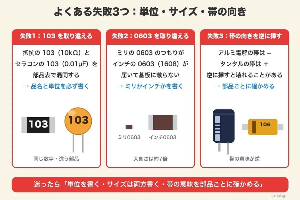 よくある失敗3つ。103を抵抗とコンデンサで取り違える、0603をミリとインチで取り違える、アルミ電解（帯は−）とタンタル（帯は＋）の帯の向きを逆に挿す