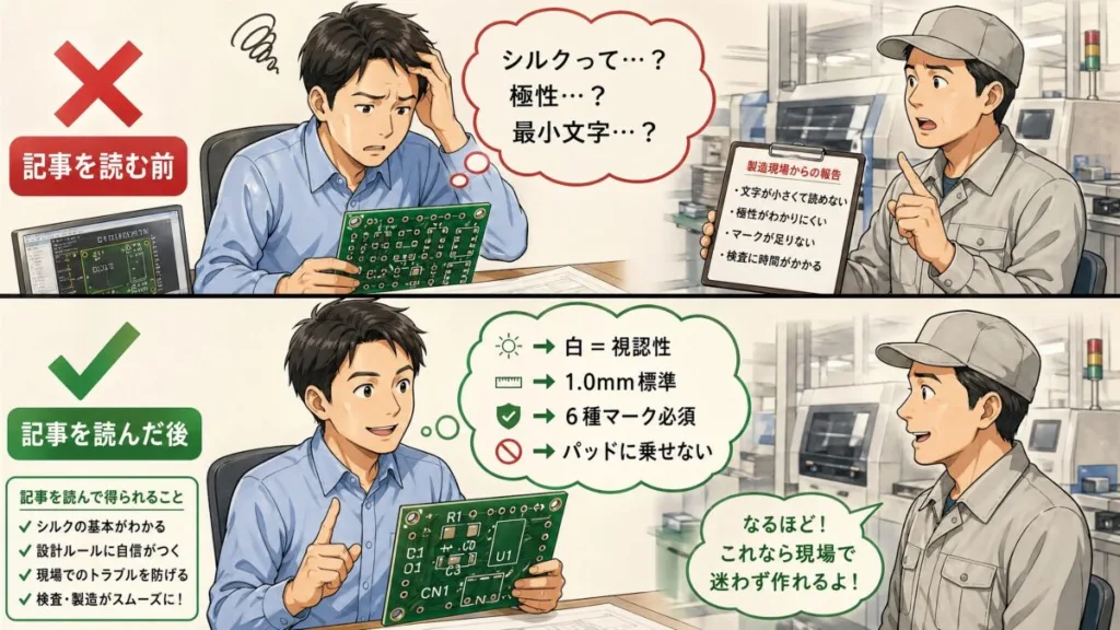 シルクの基本を知る前と後。白は視認性、文字高さ1.0mmが標準、6種のマークは必須、パッドに乗せない