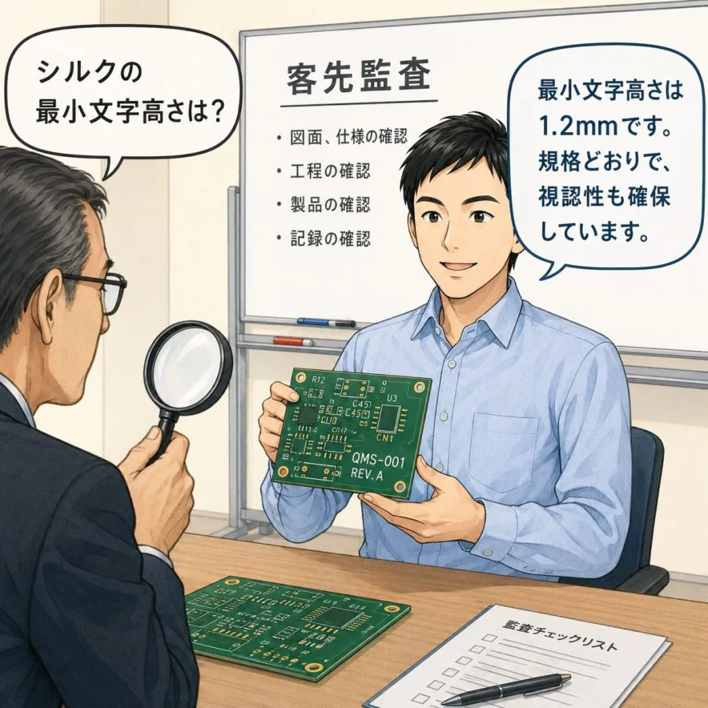 客先監査でシルクの最小文字高さを聞かれて答える場面のイラスト