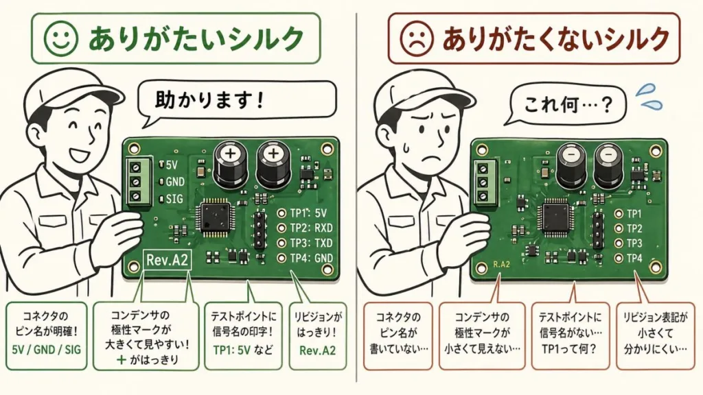 現場にありがたいシルクとありがたくないシルク。コネクタのピン名・極性マーク・テストポイントの信号名・リビジョンの書き方の違い
