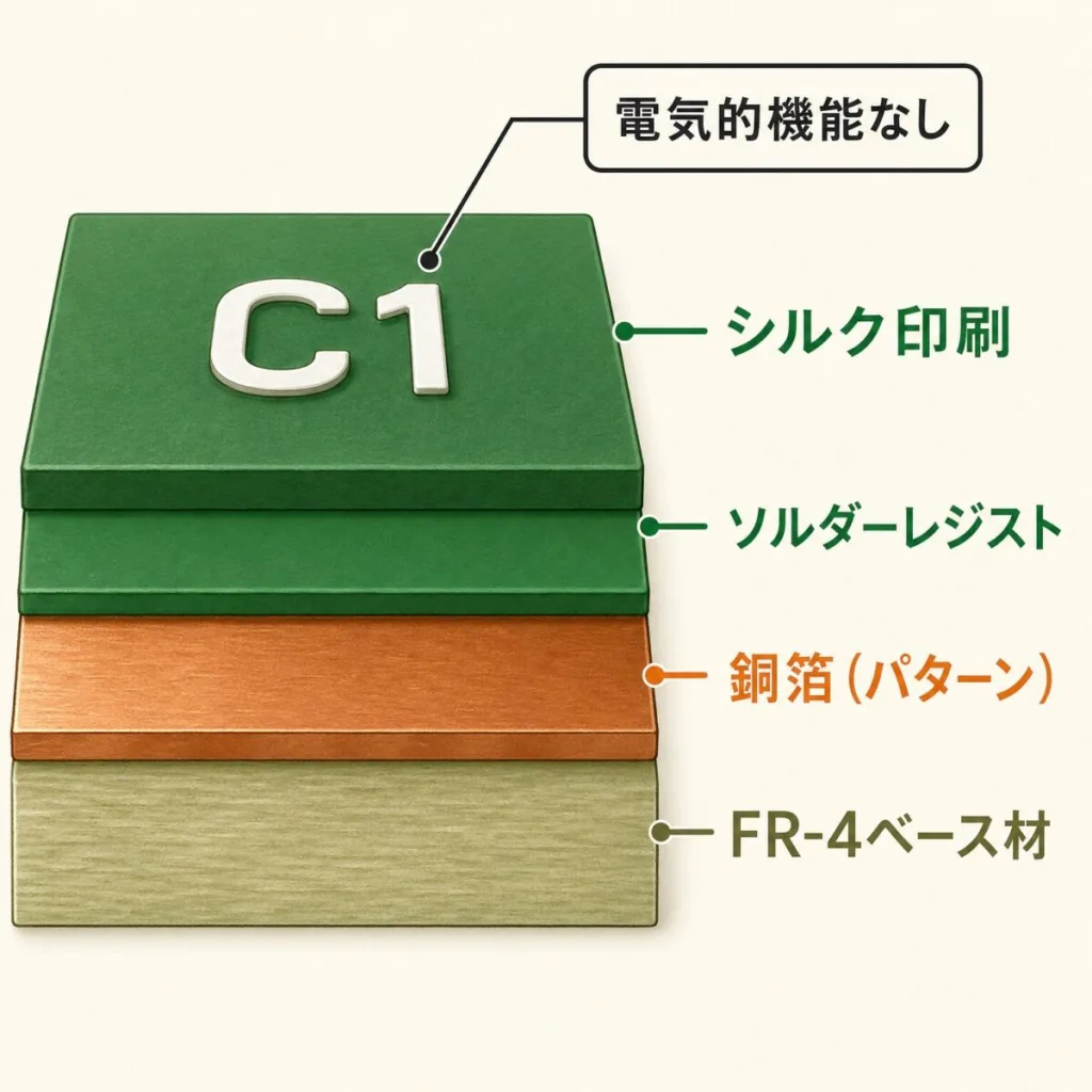 基板の層の構造。上からシルク印刷・ソルダーレジスト・銅箔(パターン)・FR-4ベース材で、シルクに電気的な機能はない