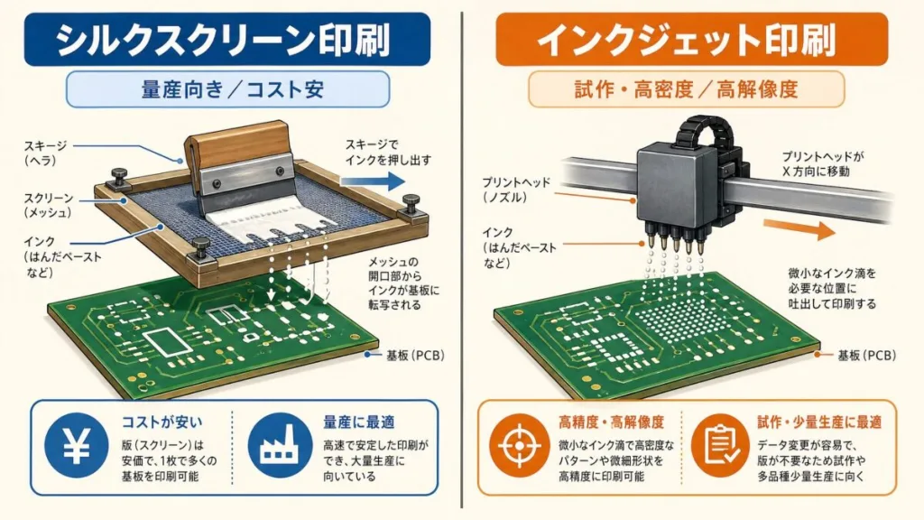 基板の印刷方式の比較。シルクスクリーン印刷は量産向きで安く、インクジェット印刷は試作・高密度・高解像度向き