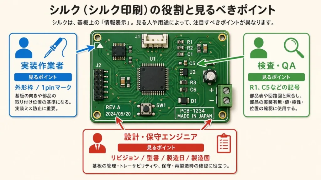 シルク印刷の役割と見るべきポイント。実装作業者は外形枠と1pinマーク、検査・QAはR1・C5などの記号、設計・保守はリビジョン・型番・製造日