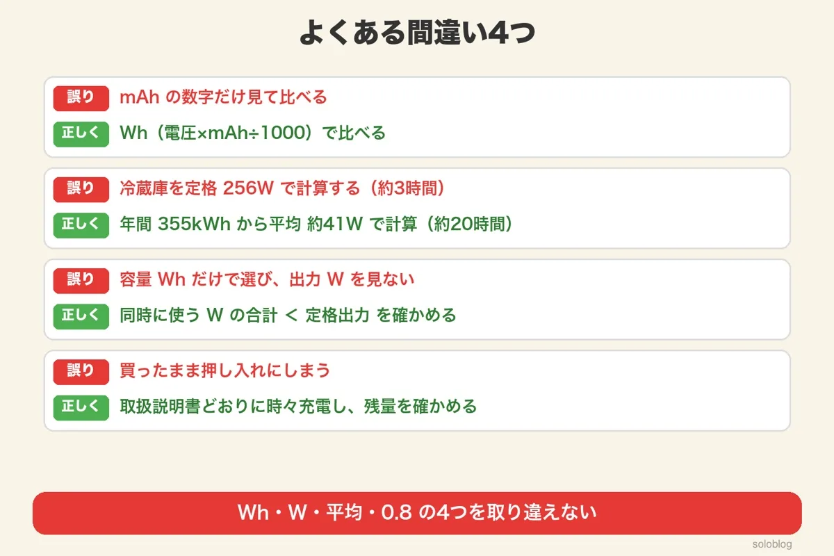 mAhで比べる、冷蔵庫を定格で計算、出力を見ない、しまいっぱなし、の4つの誤りと正しいやり方