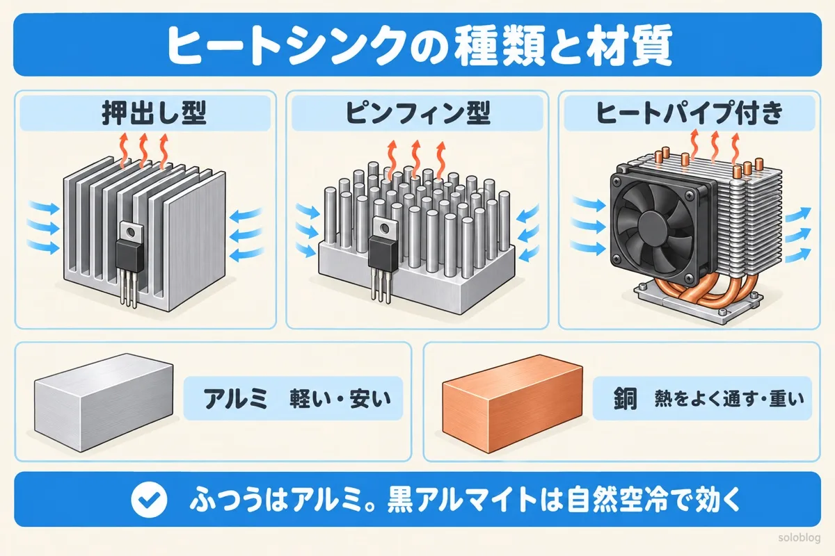 ヒートシンクの種類と材質の図。押出し型・ピンフィン型・ヒートパイプ付きがあり、アルミは軽くて安く、銅は熱をよく通すが重い