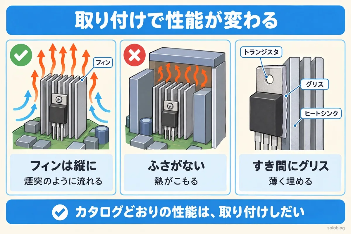 ヒートシンクの取り付けの注意の図。自然空冷はフィンを縦にして煙突のように空気を流す、まわりをふさがない、すき間はグリスで薄く埋める