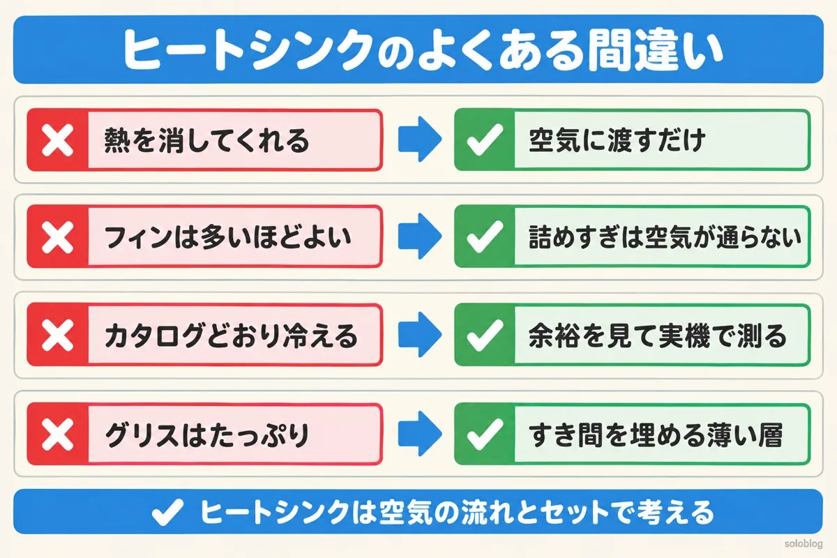 ヒートシンクのよくある間違いの図。熱を空気に渡すだけ、フィンの詰めすぎは逆効果、カタログ値には余裕を見る、グリスは薄く