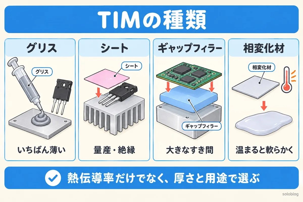 TIMの種類の図。いちばん薄くできるグリス、量産と絶縁に向くシート、大きなすき間を埋めるギャップフィラー、温まると軟らかくなる相変化材