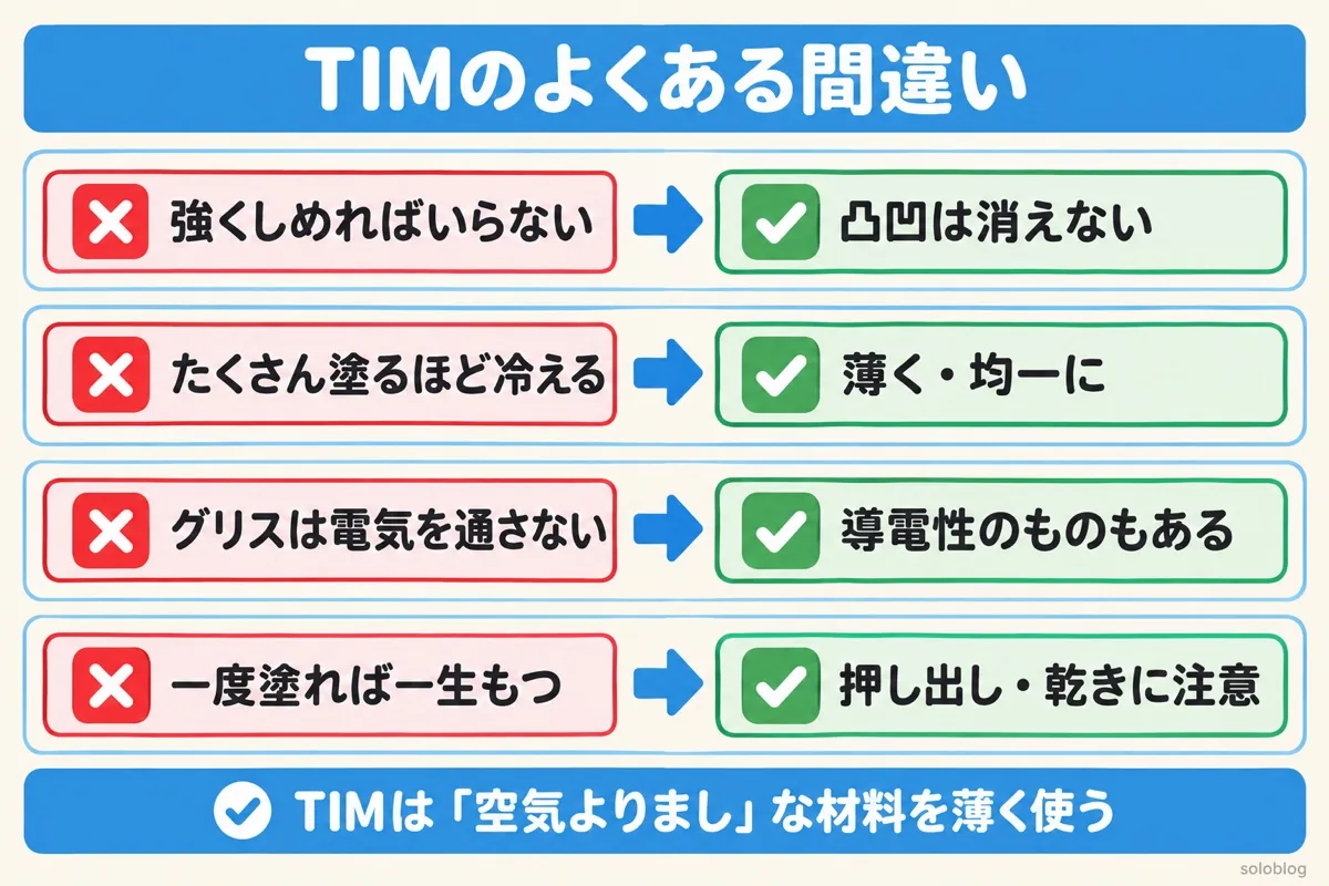 TIMのよくある間違いの図。強くしめても凸凹は消えない、薄く均一に塗る、導電性のグリスもある、押し出しや乾きで性能が落ちる
