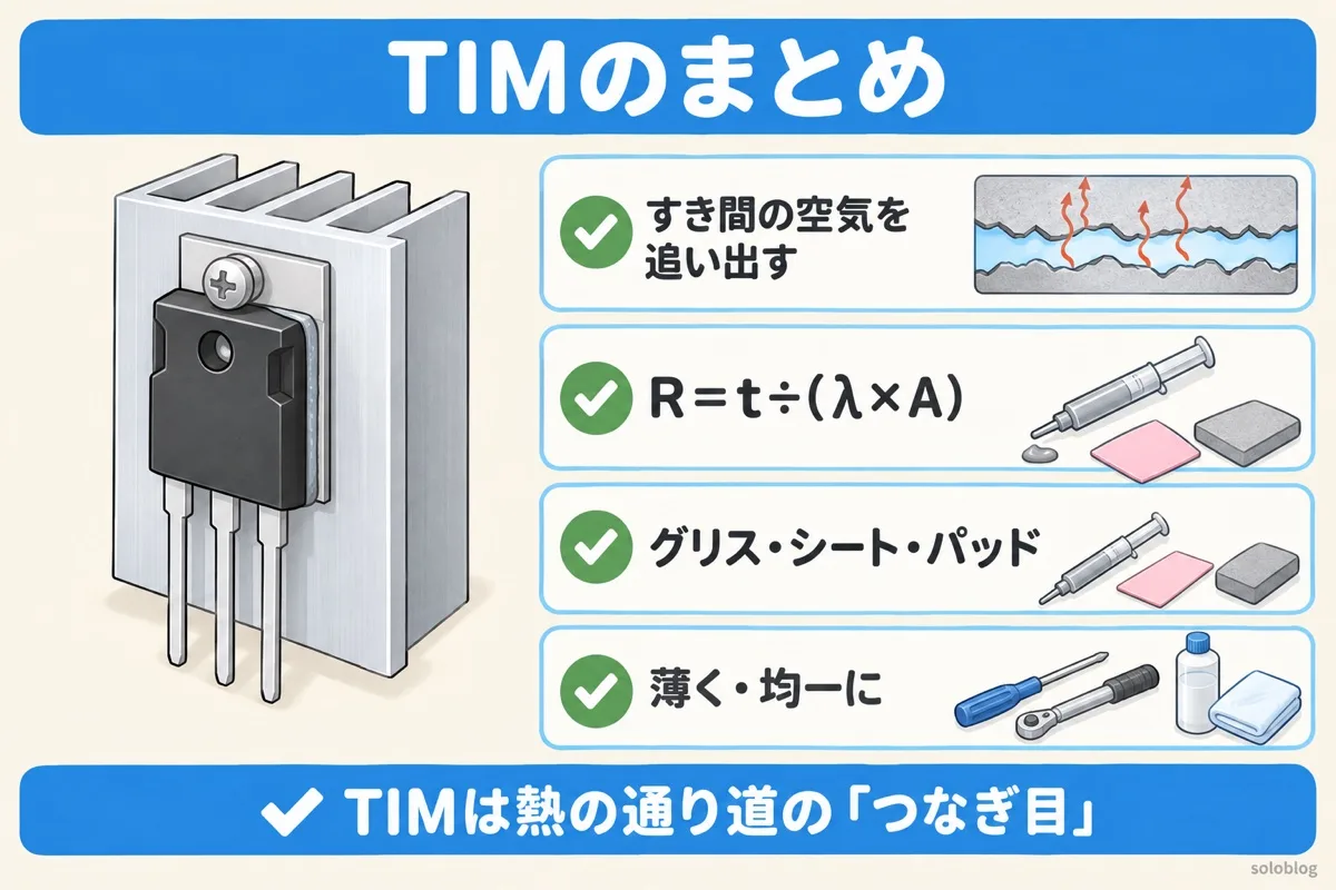 TIMのまとめの図。すき間の空気を追い出す、熱抵抗は厚さ÷(熱伝導率×面積)、グリス・シート・パッドを使い分け、薄く均一に塗る