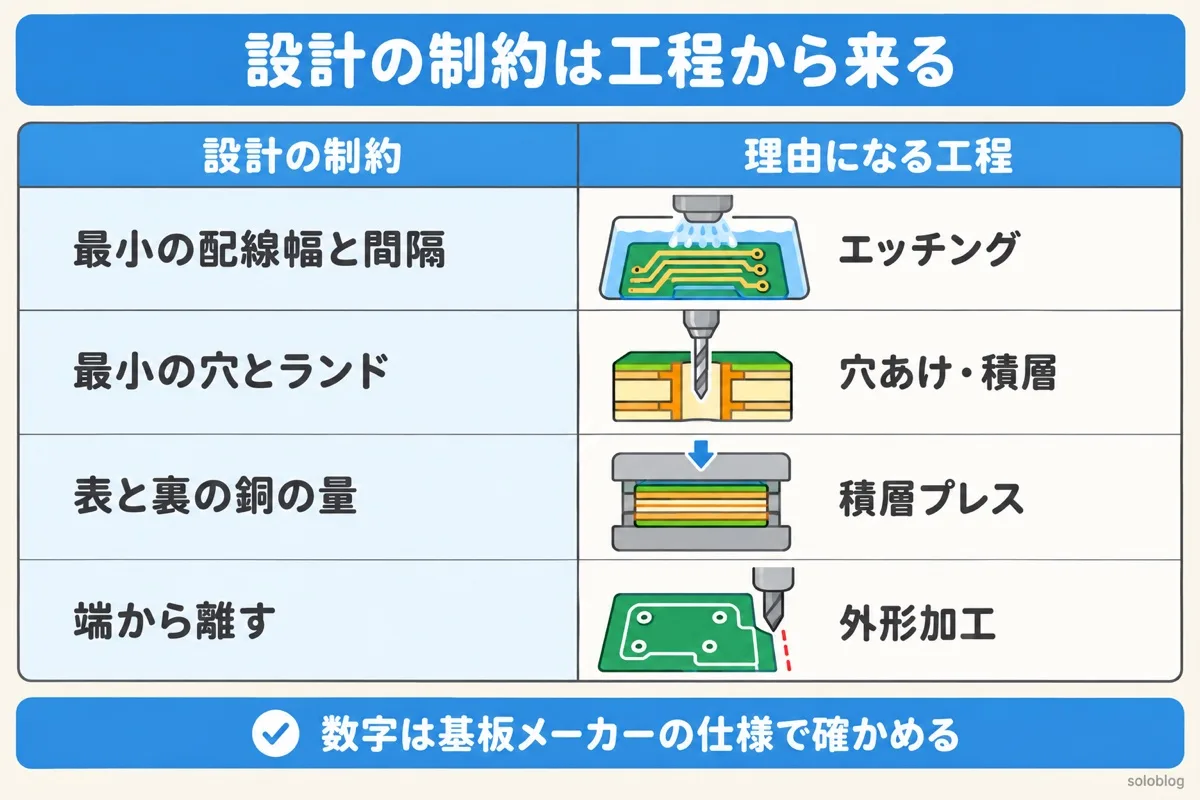 プリント基板の設計の制約と工程の関係の表。配線幅はエッチング、穴は穴あけと積層、銅の量はプレス、端の余白は外形加工