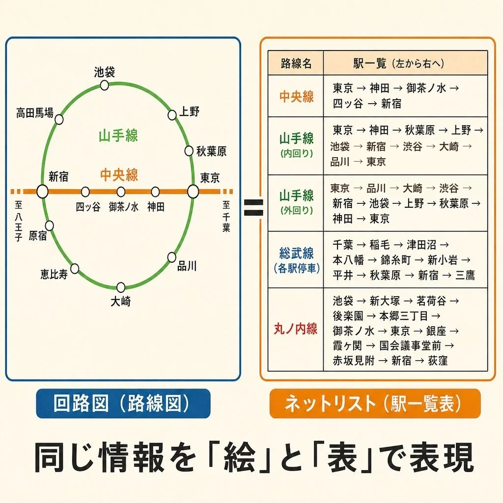 回路図とネットリストを路線図と駅一覧表にたとえた図。山手線と中央線の路線図(回路図)と、路線ごとに駅を並べた一覧表(ネットリスト)は同じ情報を絵と表で表す。山手線の外回りは東京→品川→大崎→渋谷→新宿→池袋→上野→秋葉原→神田→東京