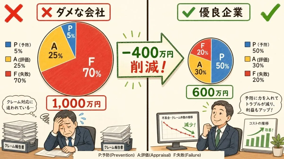 品質コストの配分の比較図。ダメな会社は予防P5%・評価A25%・失敗F70%で総額1,000万円、優良企業は予防50%・評価30%・失敗20%で総額600万円。PAFモデルのPは予防(Prevention)、Aは評価(Appraisal)、Fは失敗(Failure)