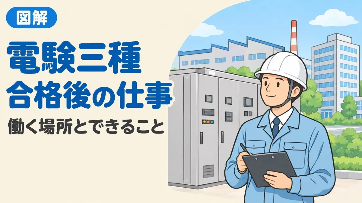 電験三種に合格したあとの仕事を表すアイキャッチ。ヘルメットをかぶった技術者が受電設備の前に立っている