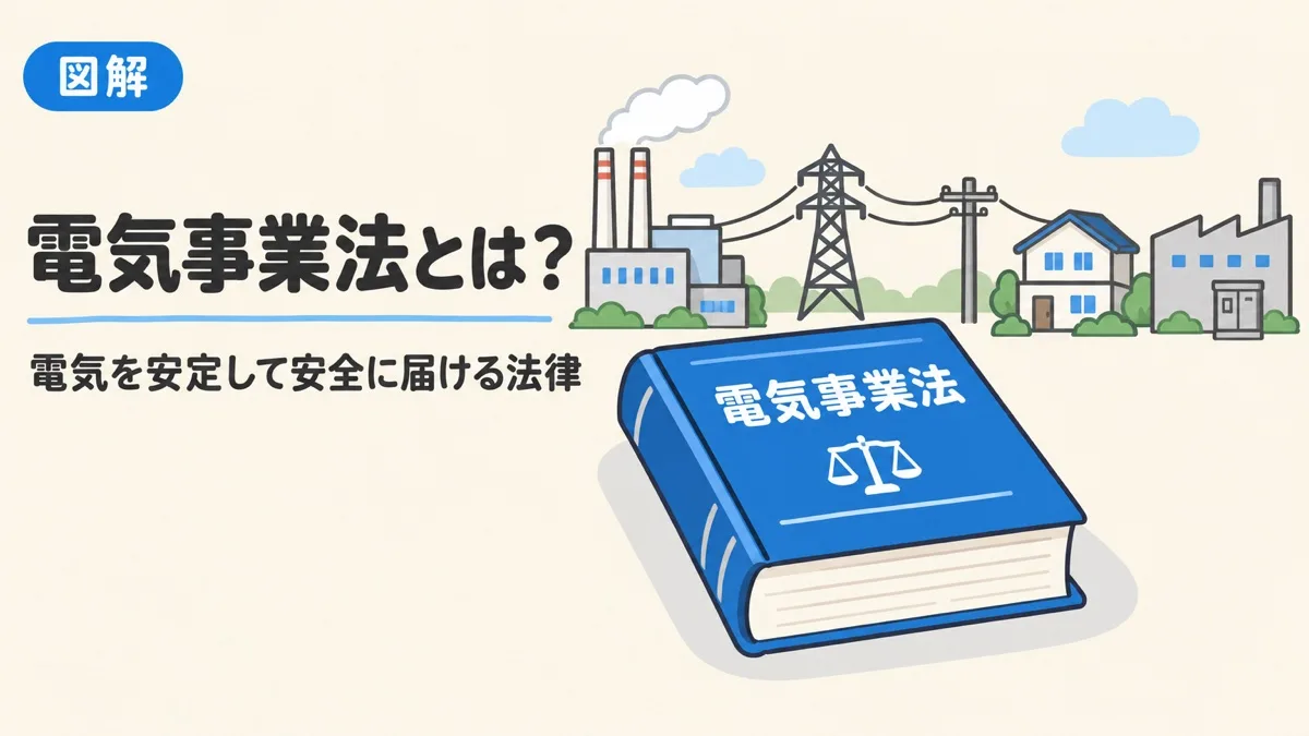電気事業法とは何かを表すアイキャッチ。法律の本の後ろに、発電所から送電線を通って家と工場に電気が届く様子