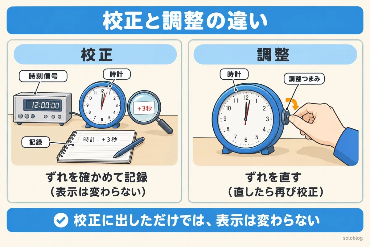 校正と調整の違いの図。校正はずれを確かめて記録すること、調整はずれを直すことで、調整のあとは再び校正する