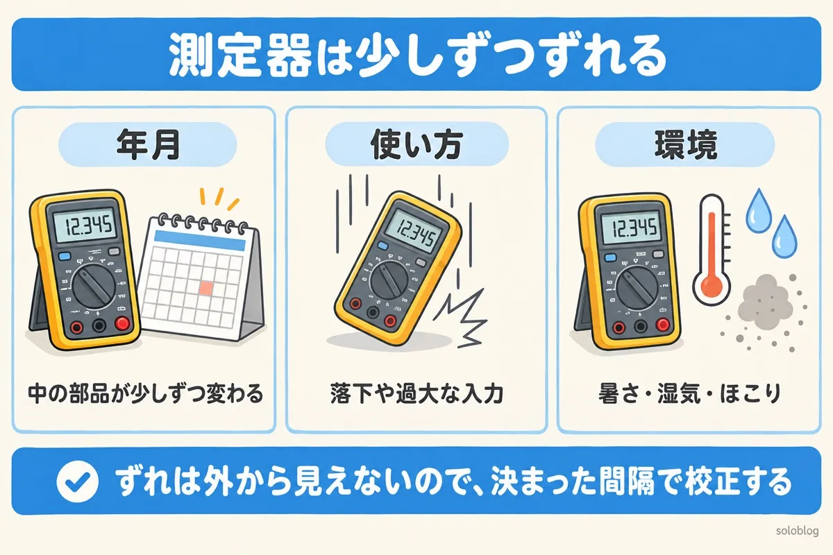 測定器がずれる理由の図。年月による変化、落下や過大な入力などの使い方、暑さや湿気などの環境で少しずつずれる