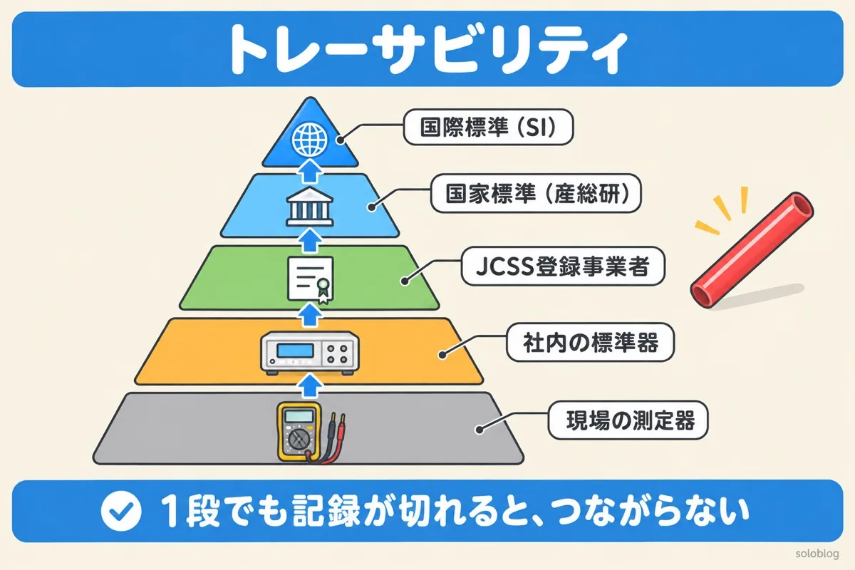 トレーサビリティの図。現場の測定器から社内の標準器、JCSS登録事業者、国家標準、国際標準まで校正でつながる