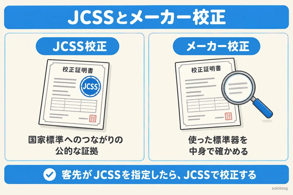 JCSS校正とメーカー校正の違いの図。JCSSの校正証明書は国家標準へのつながりの公的な証拠で、メーカー校正は中身を確かめる